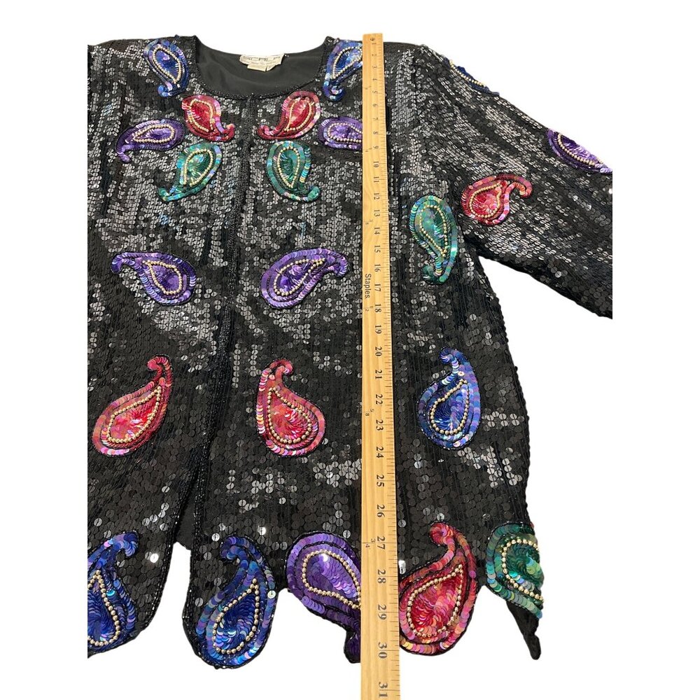 Vintage Scala Sequin Silk Jacket Paisley Beaded Black Purple Pink Blazer Size 2X - Picture 8 of 10